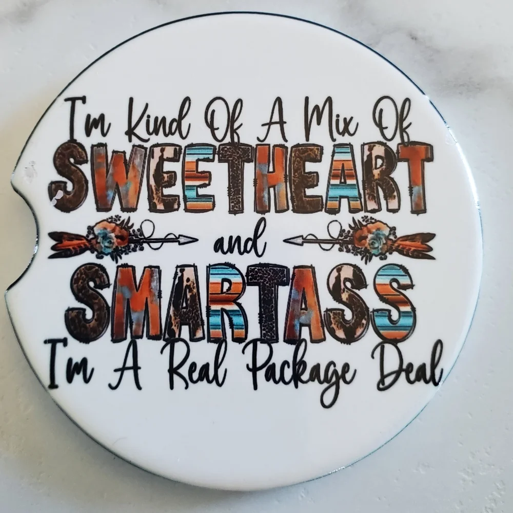 Set Of 2 Ceramic Funny Car Coasters SWEETHEART and SMARTA$$